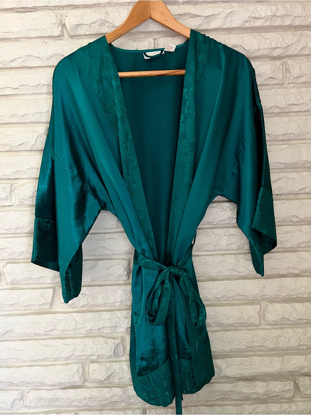Vtg 80's Victoria's Secret One Size Gold Label Robe Floral Trim Kimono Emerald